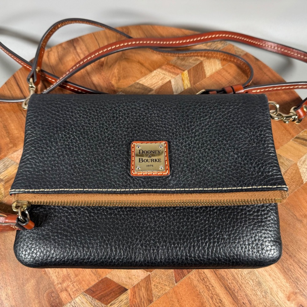 Dooney & Bourke Black Pebble Grain‎ Leather Foldover Crossbody Clutch Bag Tassel
